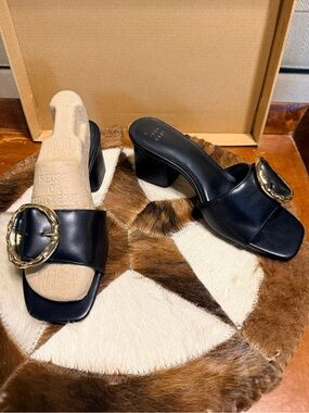 a new day Black Leather Heeled Slide Sandals with Gold Buckle